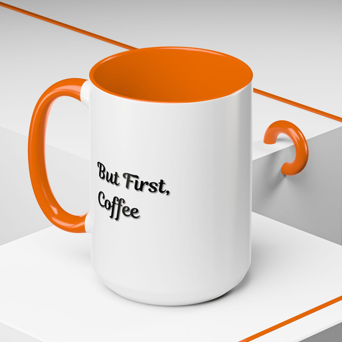 Black handle and rim coffee mug with "But First Coffee" print, 11oz, by Printify, featuring a sleek design and ceramic finish.