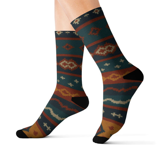 Southwestern Aztec pattern socks with tribal geometric print, all-over design in vibrant colors, by Printify.