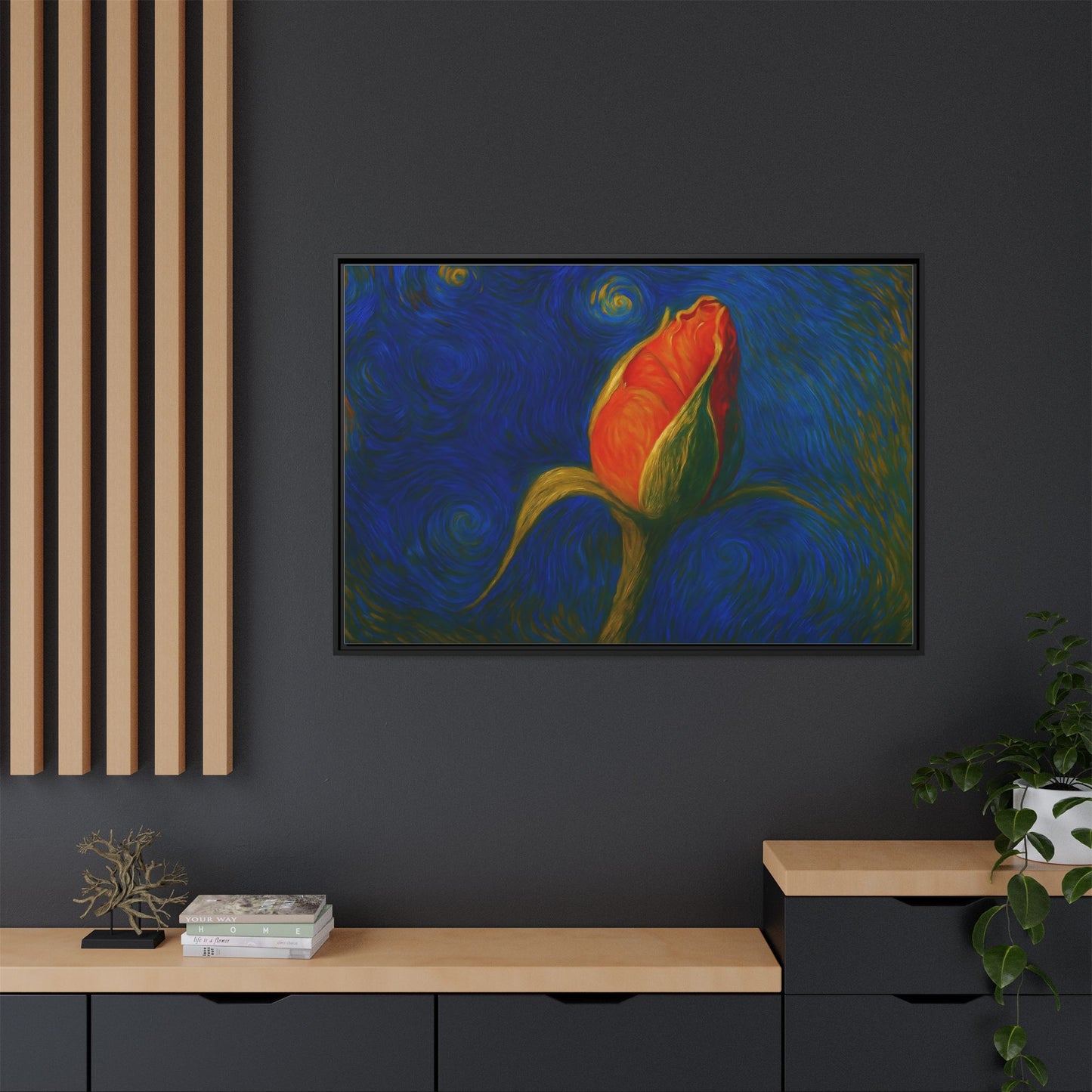 Red rose bud painting on framed canvas wall art by Printify, featuring a matte finish and vibrant floral design.