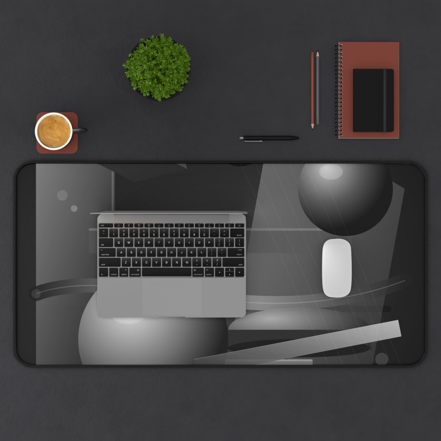Monochrome Geometric Spheres Desk Mat | Abstract Grey Shapes Mouse Pad