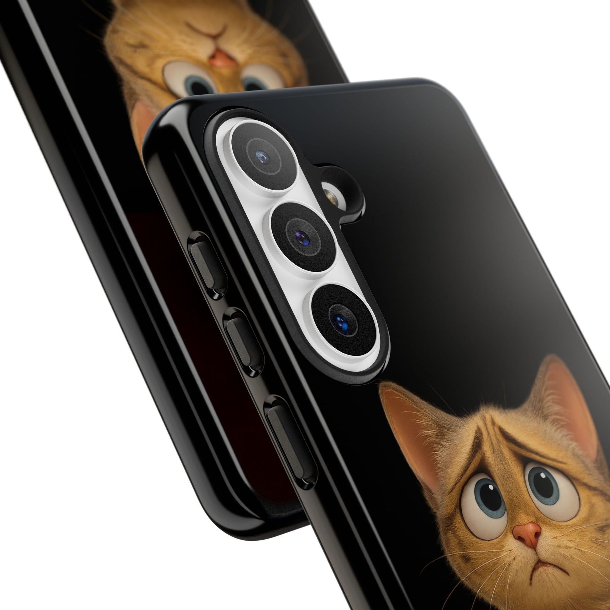 Cute sad kitty cat phone case for iPhone, protective Printify design featuring a sad kitten illustration.