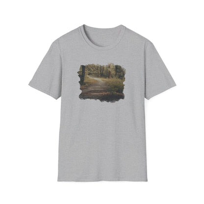 Vintage forest landscape T-shirt by Printify featuring a nature pathway design on soft cotton fabric.