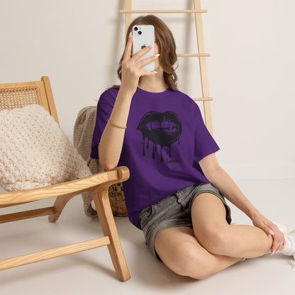 Black graphic T-shirt by Printify featuring a dripping lips 'hmm...' bite design on the front.
