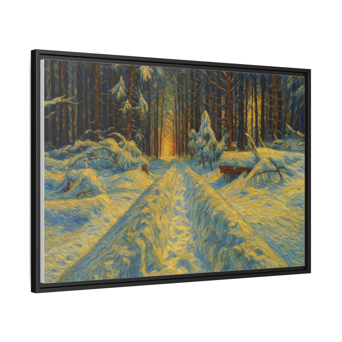 Framed matte canvas wall art of a snowy forest path at sunset, showcasing vibrant colors and peaceful winter scenery.