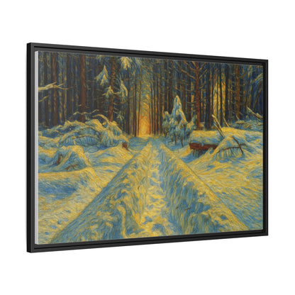 Framed matte canvas wall art of a snowy forest path at sunset, showcasing vibrant colors and peaceful winter scenery.