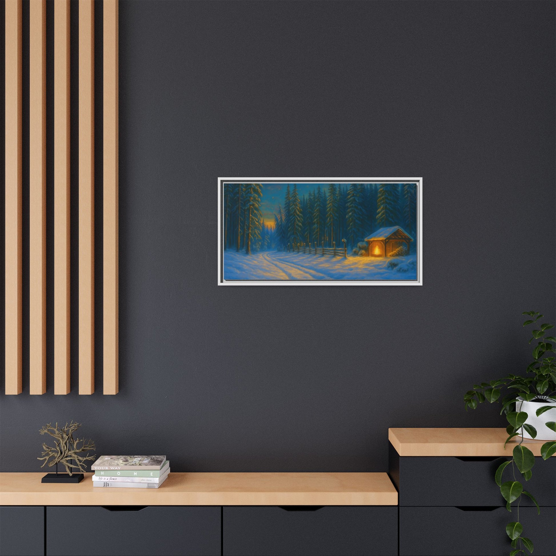Cozy winter cabin matte framed canvas wall art featuring a snowy forest scene at evening, ideal for winter decor.