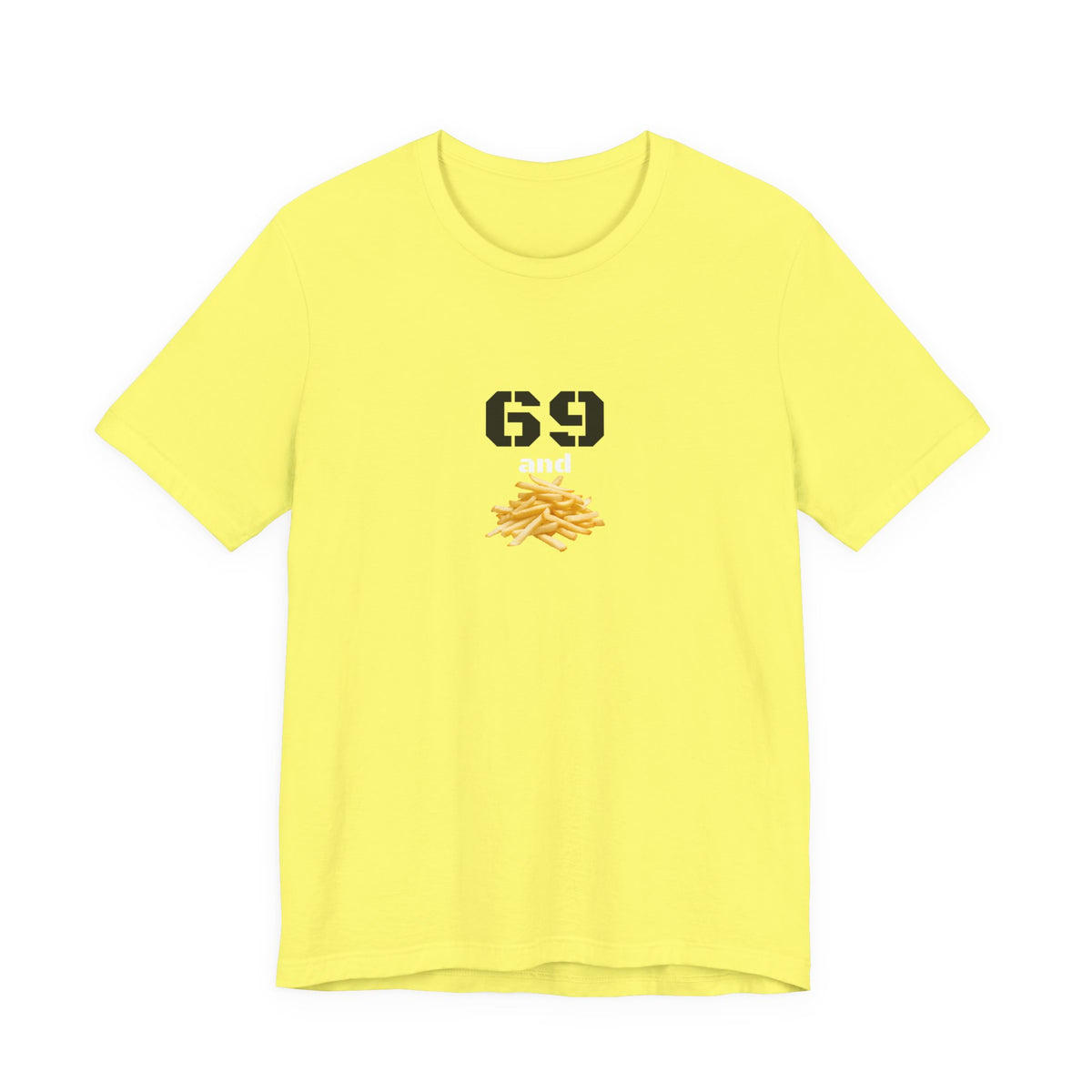 Unisex graphic T-shirt featuring a humorous 69 and French fries design in black, casual fit, by Printify.