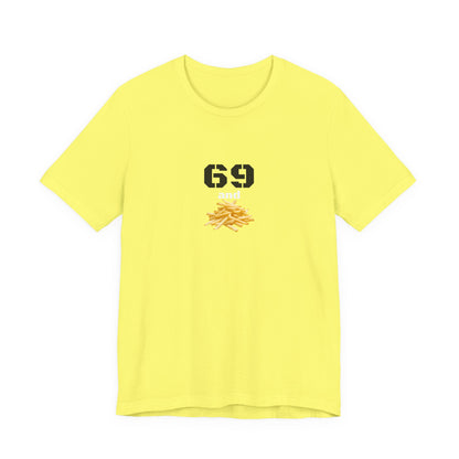 Unisex graphic T-shirt featuring a humorous 69 and French fries design in black, casual fit, by Printify.