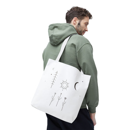 Minimal Moon and Sun botanical tote bag featuring celestial line art design, made by Printify.