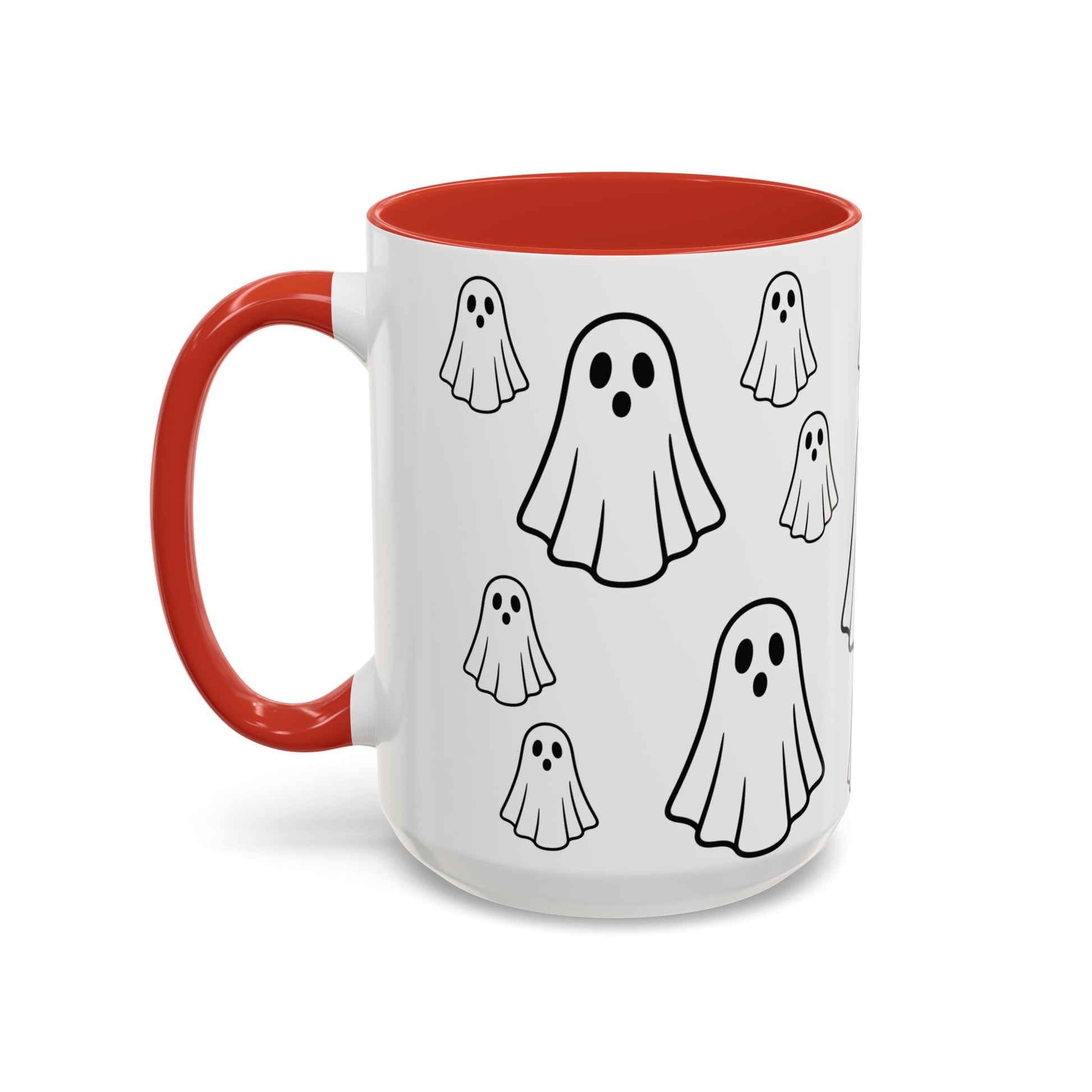 Printify Ghost Pattern Accent Coffee Mug, cute Halloween ceramic mug with ghost design, available in 11oz and 15oz sizes.