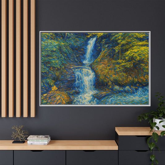 Framed matte canvas print of impressionist waterfall wall art by Printify, featuring vibrant colors and textured brushstroke details.