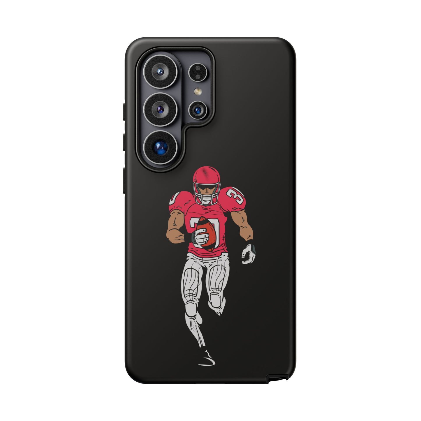 Black football player tough phone case for iPhone, protective sports-themed case with dynamic athlete design by Printify.