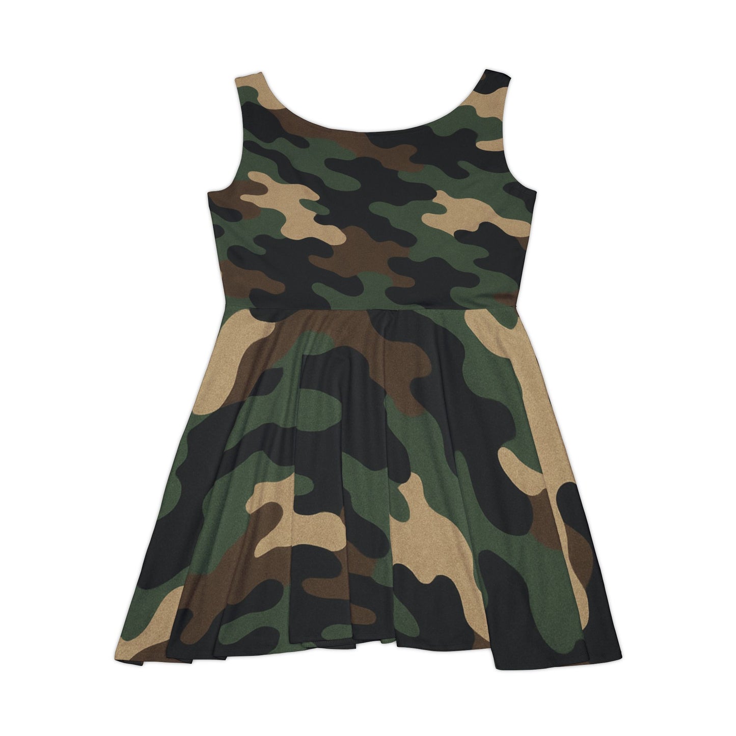 All-over print camo skater dress for women, casual summer party dress featuring a stylish camouflage pattern and flared skirt.