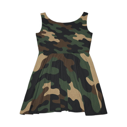 All-over print camo skater dress for women, casual summer party dress featuring a stylish camouflage pattern and flared skirt.