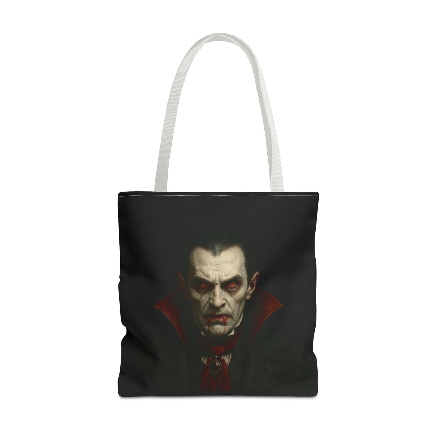 Black vampire tote bag with spooky gothic design, featuring bats and moon, perfect for Halloween accessories.