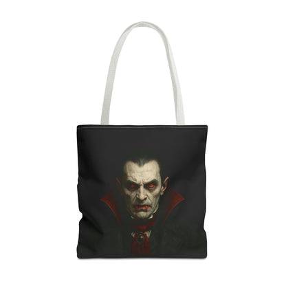 Black vampire tote bag with spooky gothic design, featuring bats and moon, perfect for Halloween accessories.