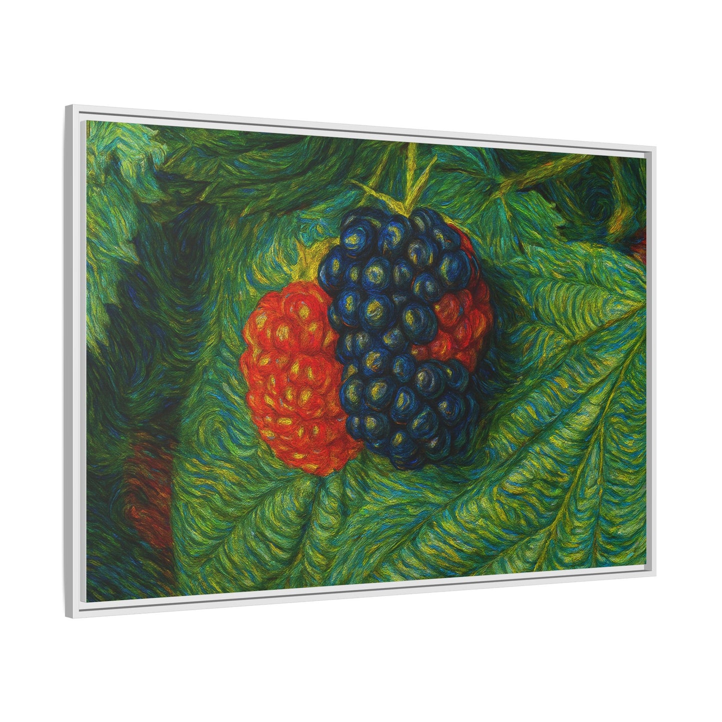 Blackberry still life framed canvas print by Printify featuring detailed blackberries on a neutral background.