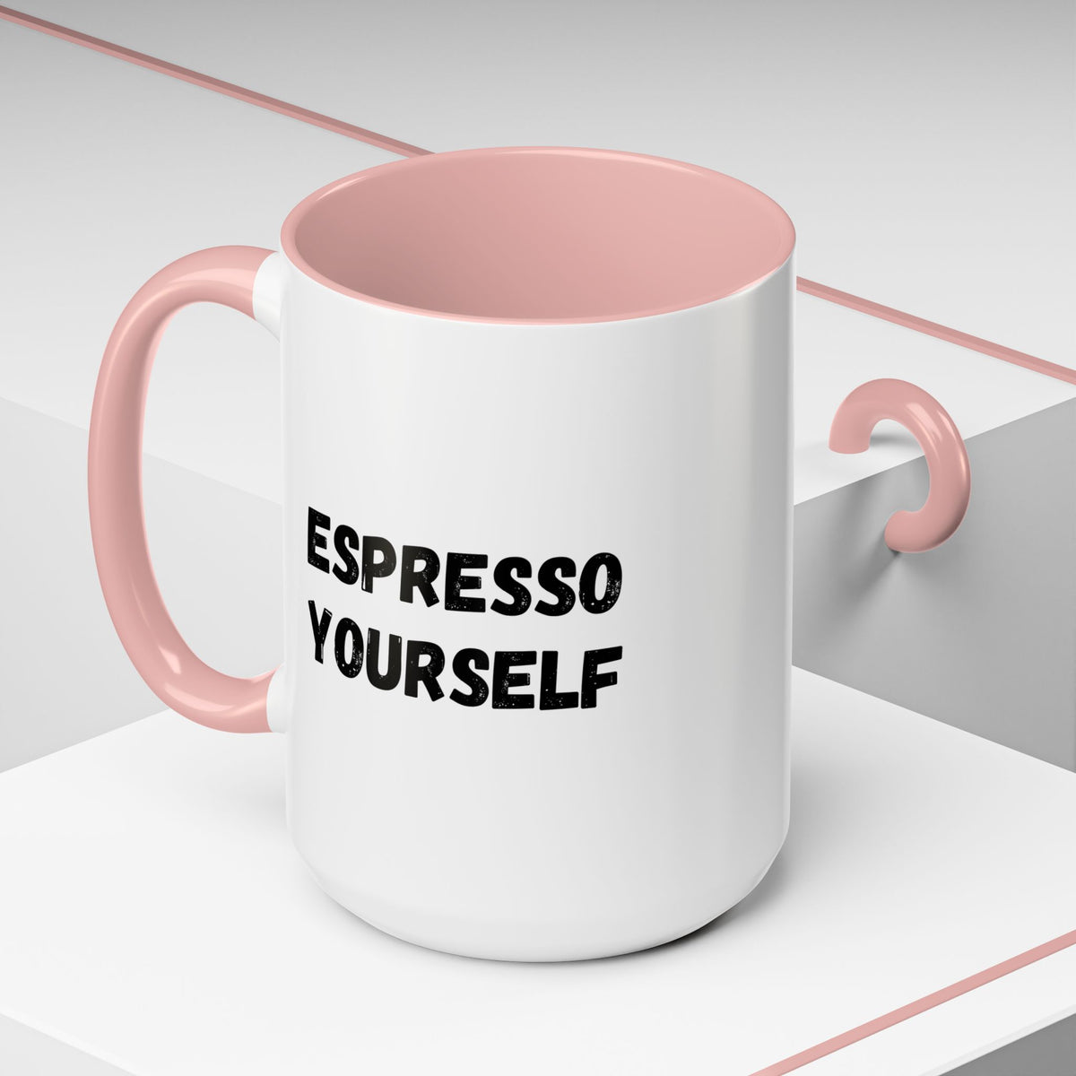 White ceramic espresso mug with "Espresso Yourself" humorous coffee lover design, 11 oz size, by Printify.