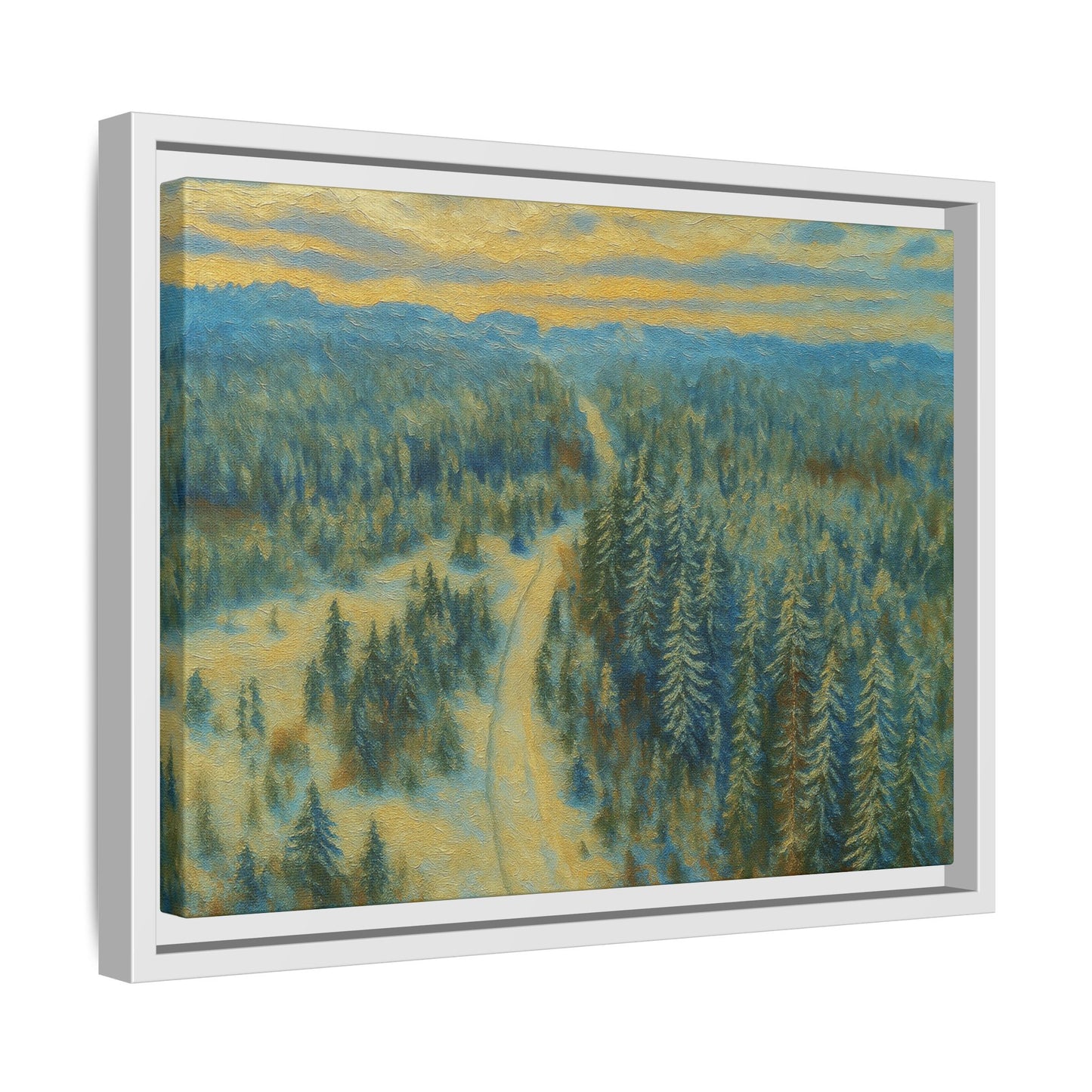 Framed matte canvas print of a serene winter forest landscape, showcasing snow-covered trees and peaceful natural scenery.