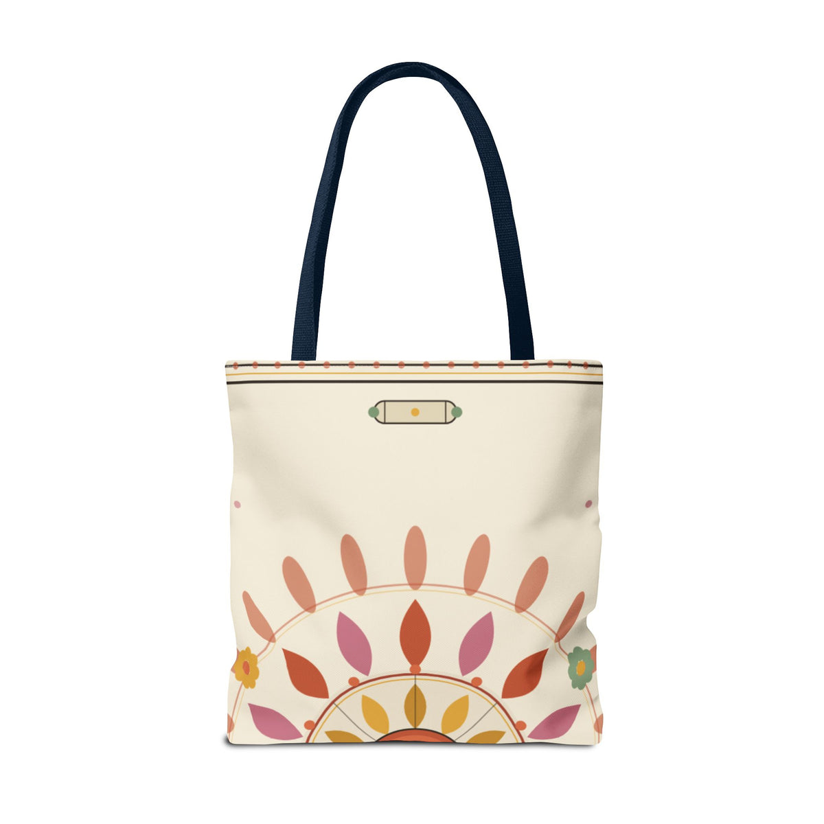 Boho floral mandala tote bag with pastel sunburst pattern, featuring colorful floral and geometric design on a spacious canvas bag.