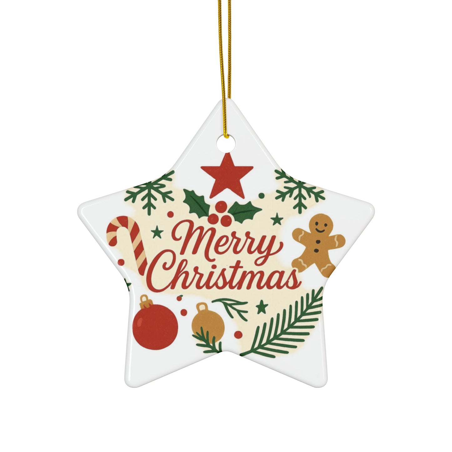 Double-sided ceramic Christmas ornament with gingerbread and candy cane designs, perfect for holiday tree decoration.