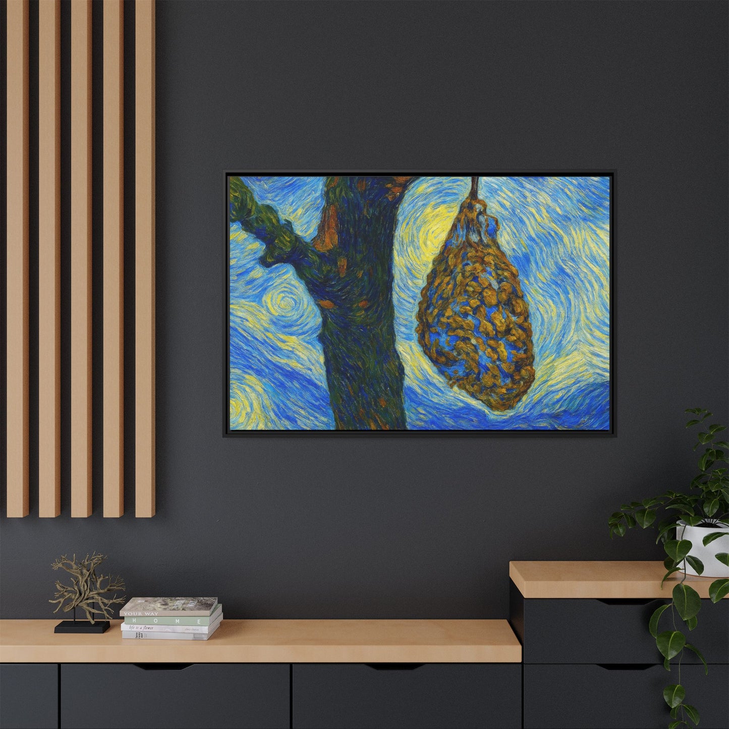 Framed matte canvas art of a starry nut cluster with dried plum in a tree, by Printify, showcasing detailed natural imagery.