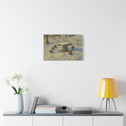 Winter landscape canvas wall art featuring a snowy forest scene, matte finish, stretched print by Printify.