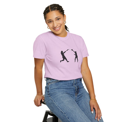 Black baseball silhouette graphic T-shirt by Printify, featuring minimal baseball player design on soft cotton fabric.