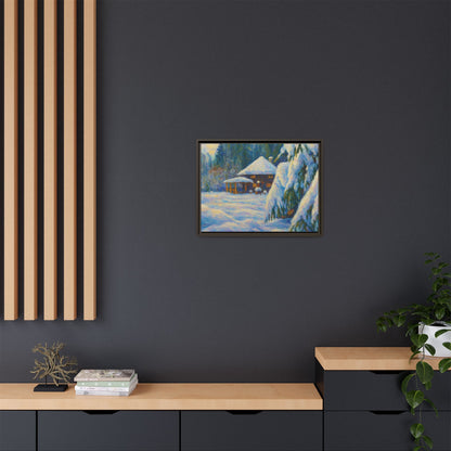 Framed matte canvas wall art of a snowy cabin winter landscape, depicting a cozy cabin surrounded by snow-covered trees.