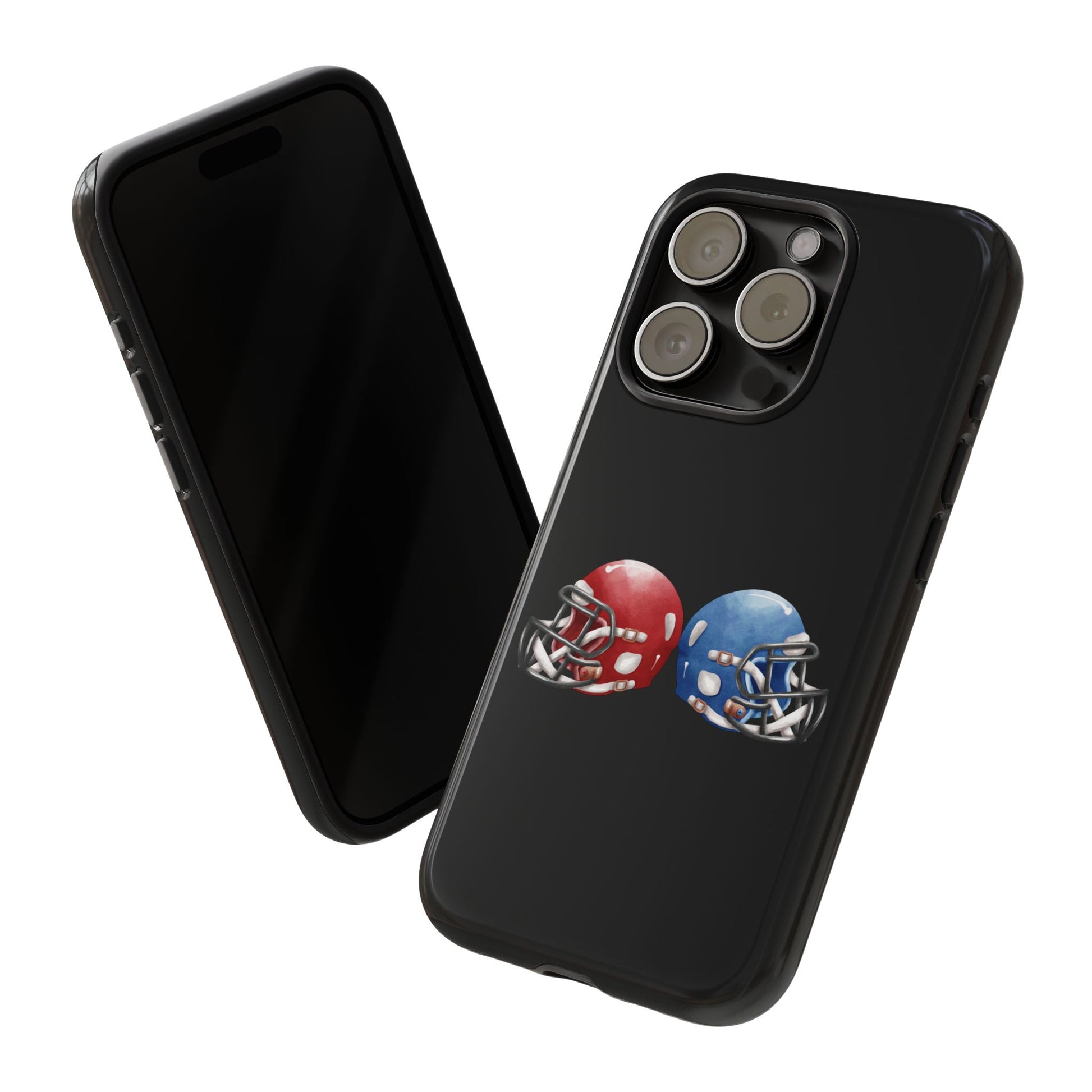 Red and blue football helmet tough phone case for iPhone, printed by Printify, featuring protective design and vibrant colors.