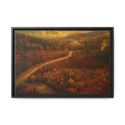 Framed matte canvas print of autumn forest road landscape wall art by Printify, showcasing vibrant fall trees and scenic woodland path.
