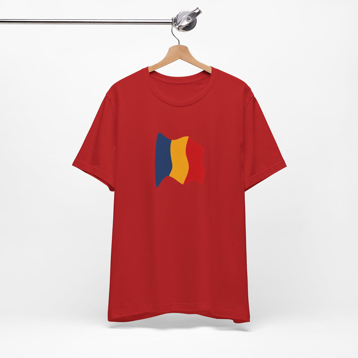 Romania flag T-shirt by Printify featuring a minimal waving tricolor design on a casual T-shirt.