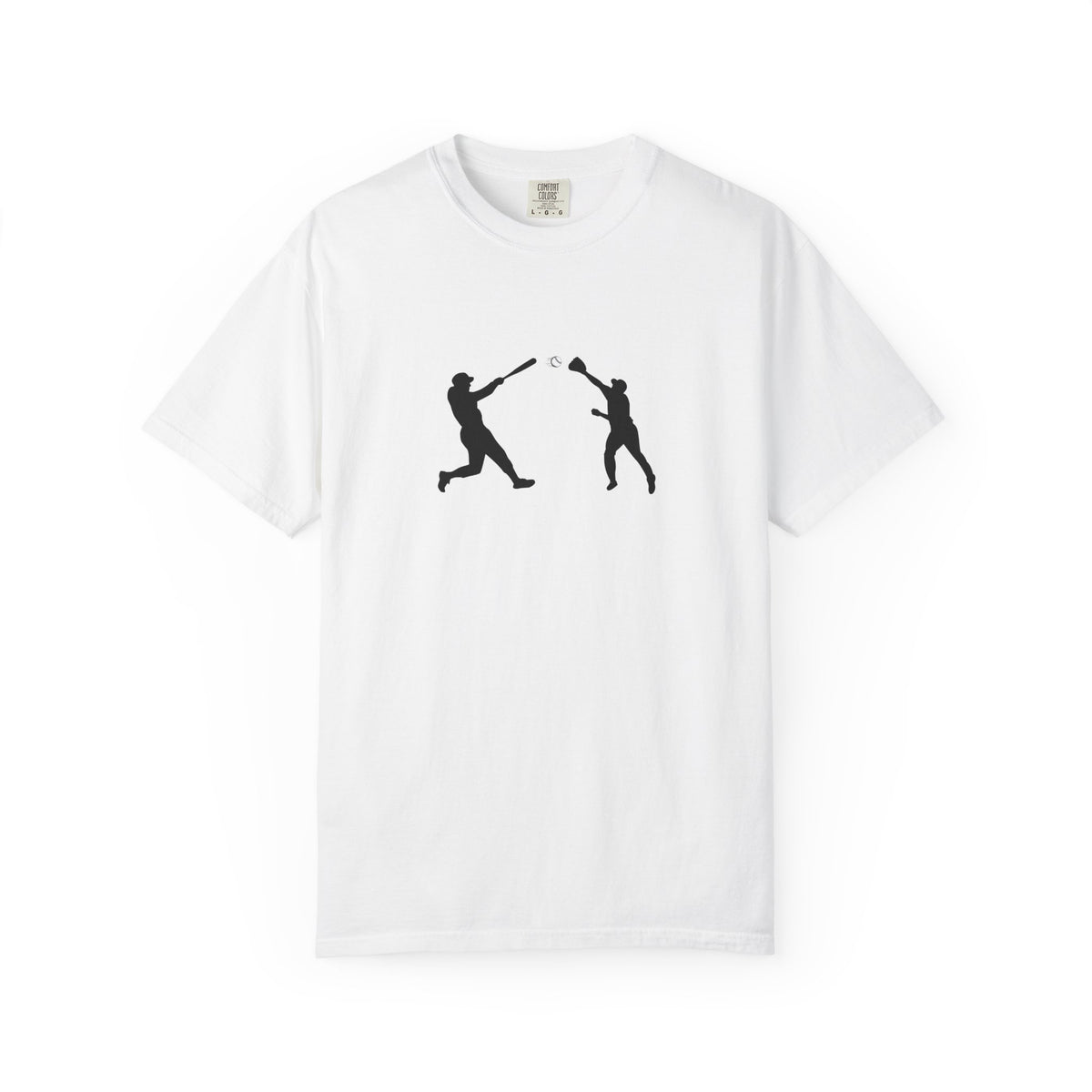 Black baseball silhouette graphic T-shirt for men, featuring a minimalist baseball player design by Printify.