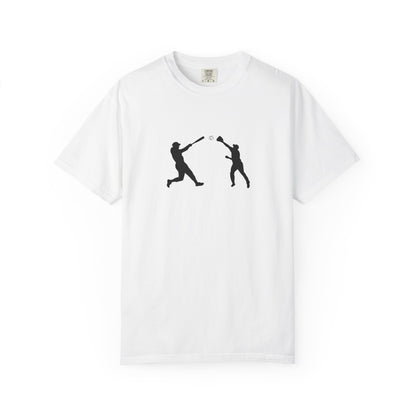 Black baseball silhouette graphic T-shirt for men, featuring a minimalist baseball player design by Printify.