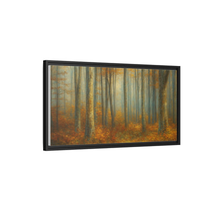 Framed autumn forest canvas print depicting a misty woodland scene, wall art by Printify featuring vibrant fall colors.