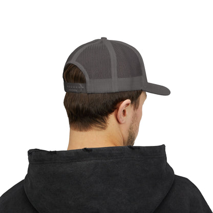 Vintage-style baseball snapback trucker cap featuring a batter silhouette design, by Printify, with a structured brim and adjustable fit.