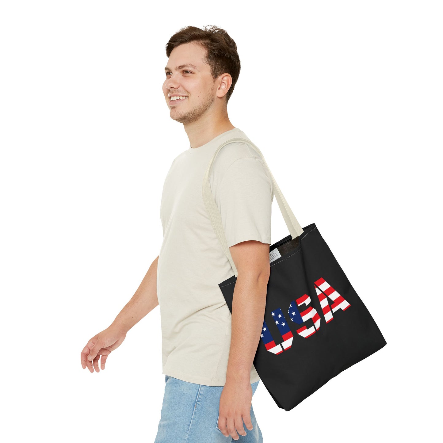 USA flag tote bag by Printify, reusable summer carryall with patriotic stars and stripes for 4th of July celebrations.