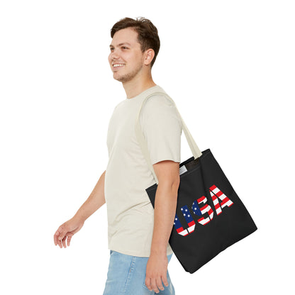 USA flag tote bag by Printify, reusable summer carryall with patriotic stars and stripes for 4th of July celebrations.