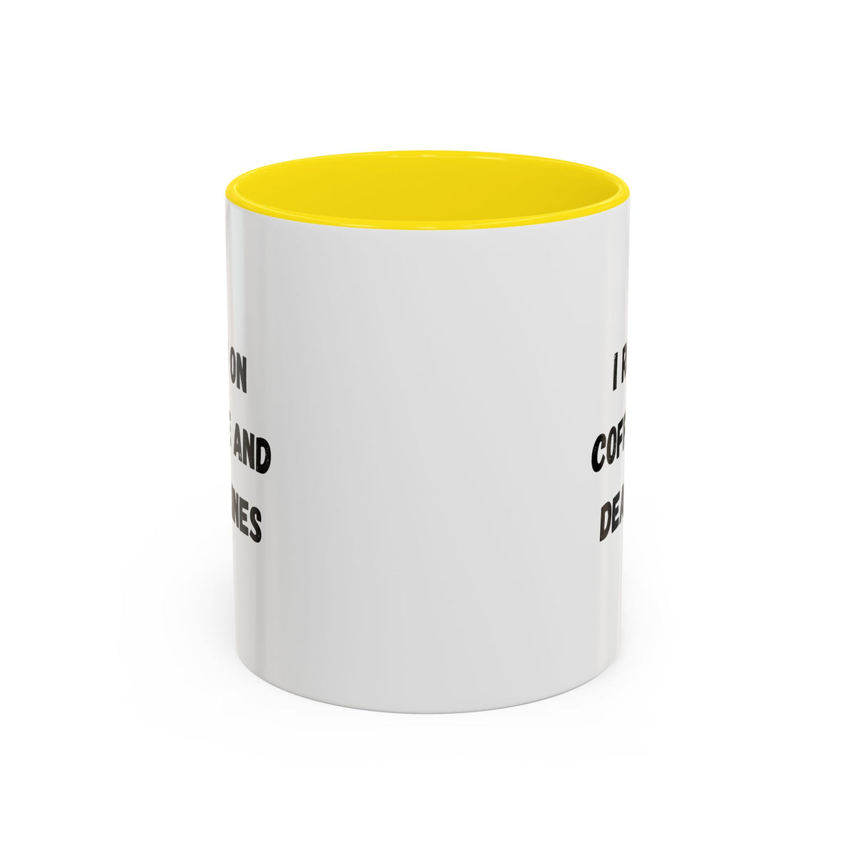 White ceramic mug with "I Run on Coffee and Deadlines" text, featuring black lettering and a handle, perfect for coffee lovers.