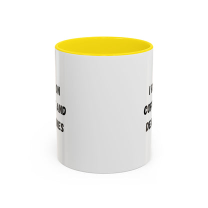White ceramic mug with "I Run on Coffee and Deadlines" text, featuring black lettering and a handle, perfect for coffee lovers.
