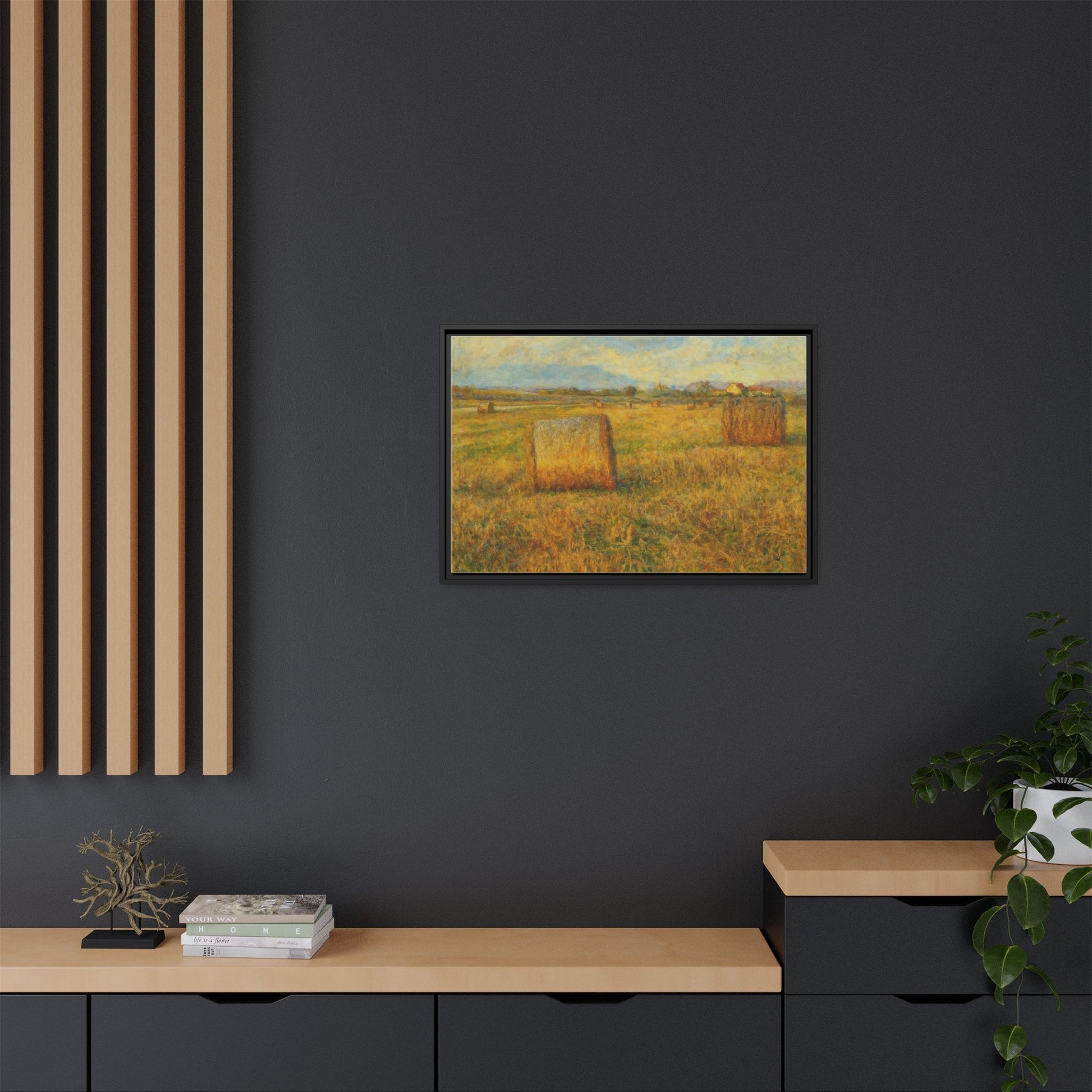 Framed matte canvas wall art featuring a rustic hayfield landscape print by Printify for home decor.
