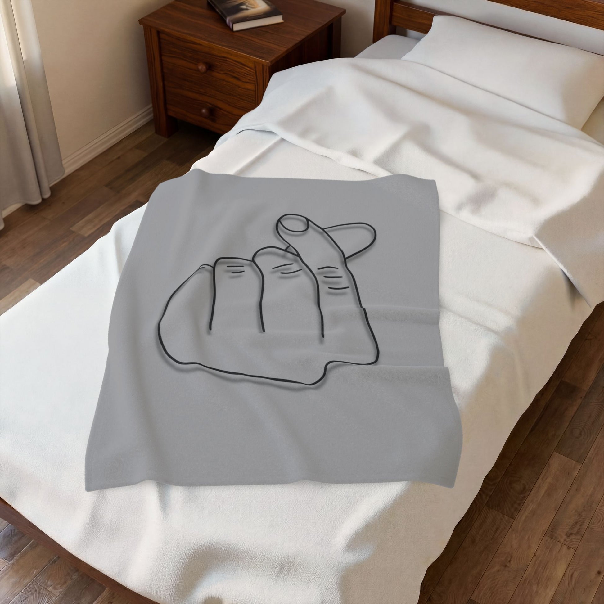 Velveteen plush blanket with heart gesture print, soft all-over design by Printify, ideal for cozy home decor or gift-giving.