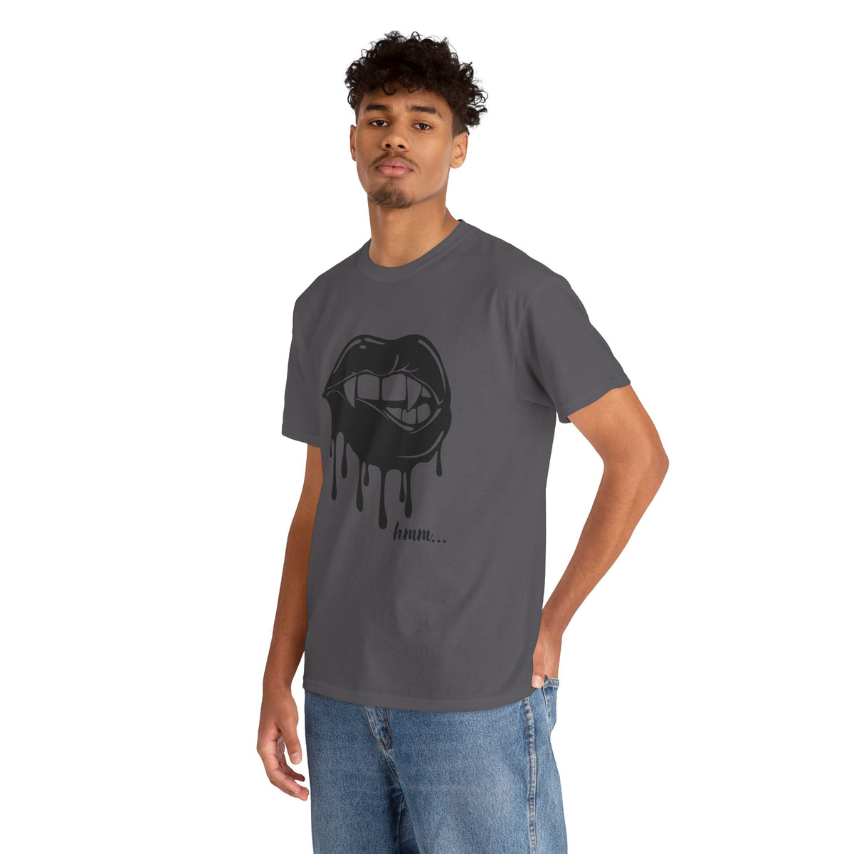 Black graphic T-shirt by Printify featuring dripping lips with 'hmm...' bite design on the front.
