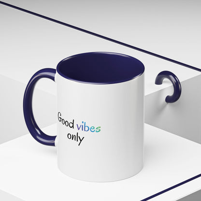 Printify Good Vibes Only coffee mug with positive morning quote, ceramic tea cup with a cheerful design and black handle.