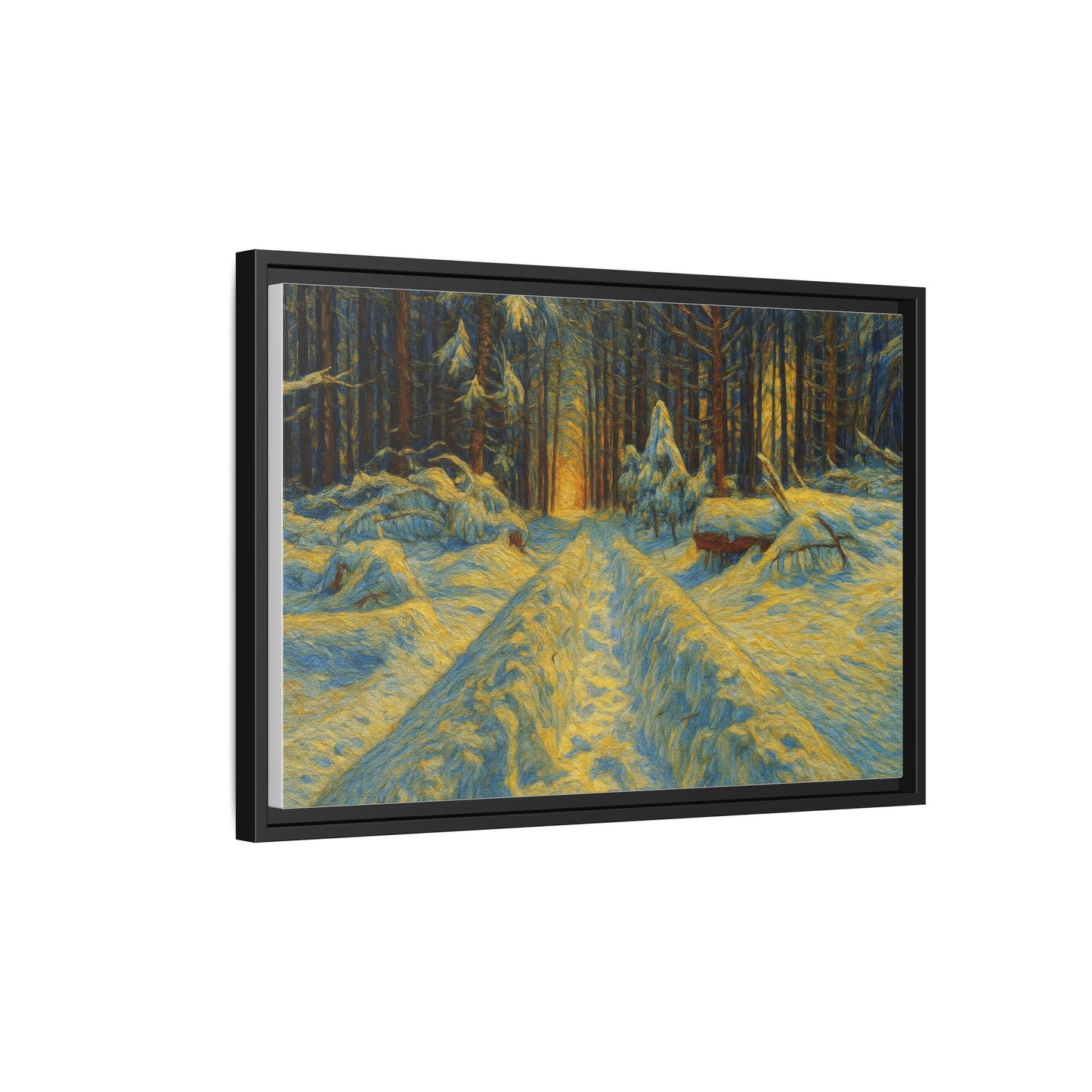 Framed matte canvas print of a snowy forest path at sunset, wall art by Printify showcasing winter landscape scene.