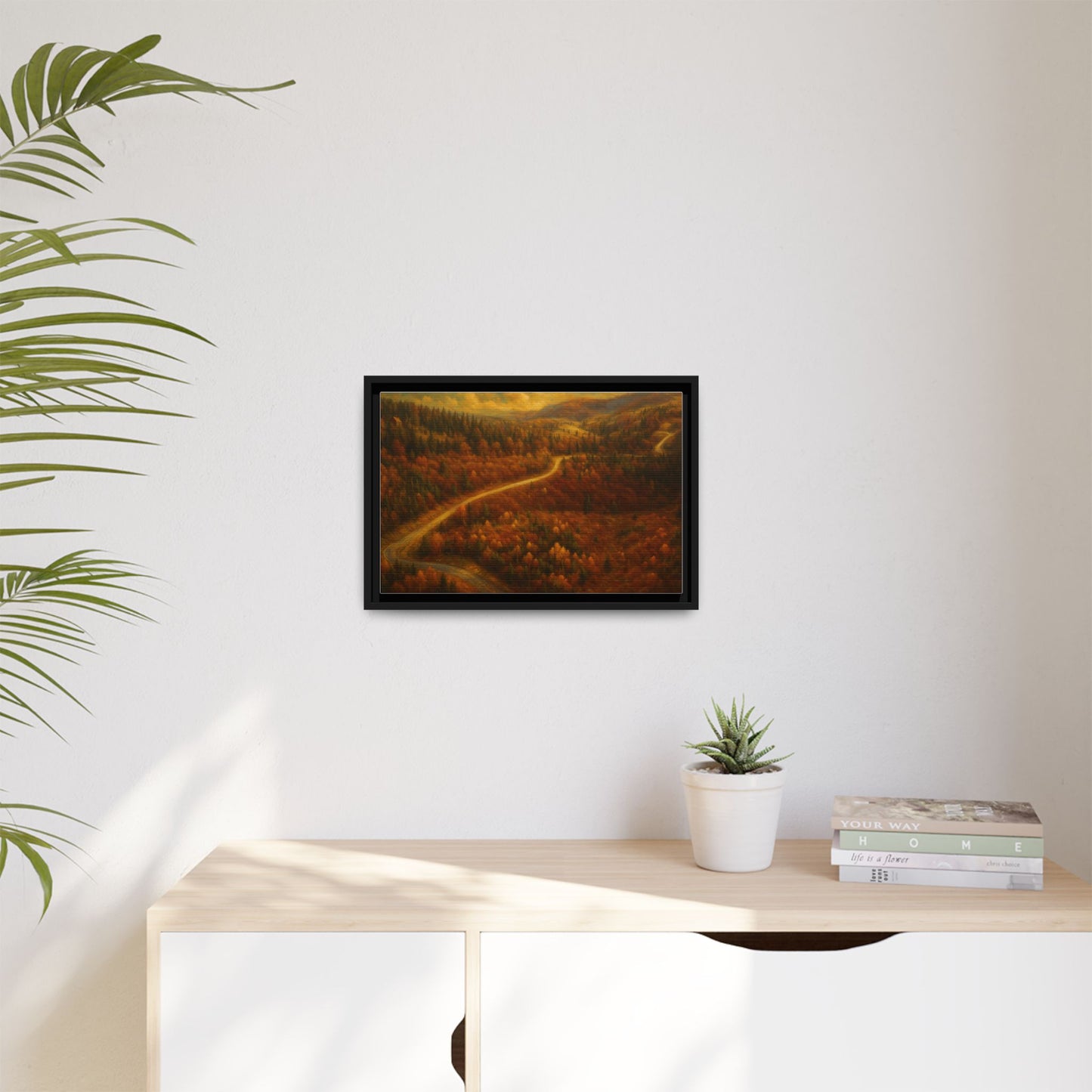 Framed matte canvas print of autumn forest road landscape wall art by Printify, featuring vibrant fall trees and a scenic pathway.