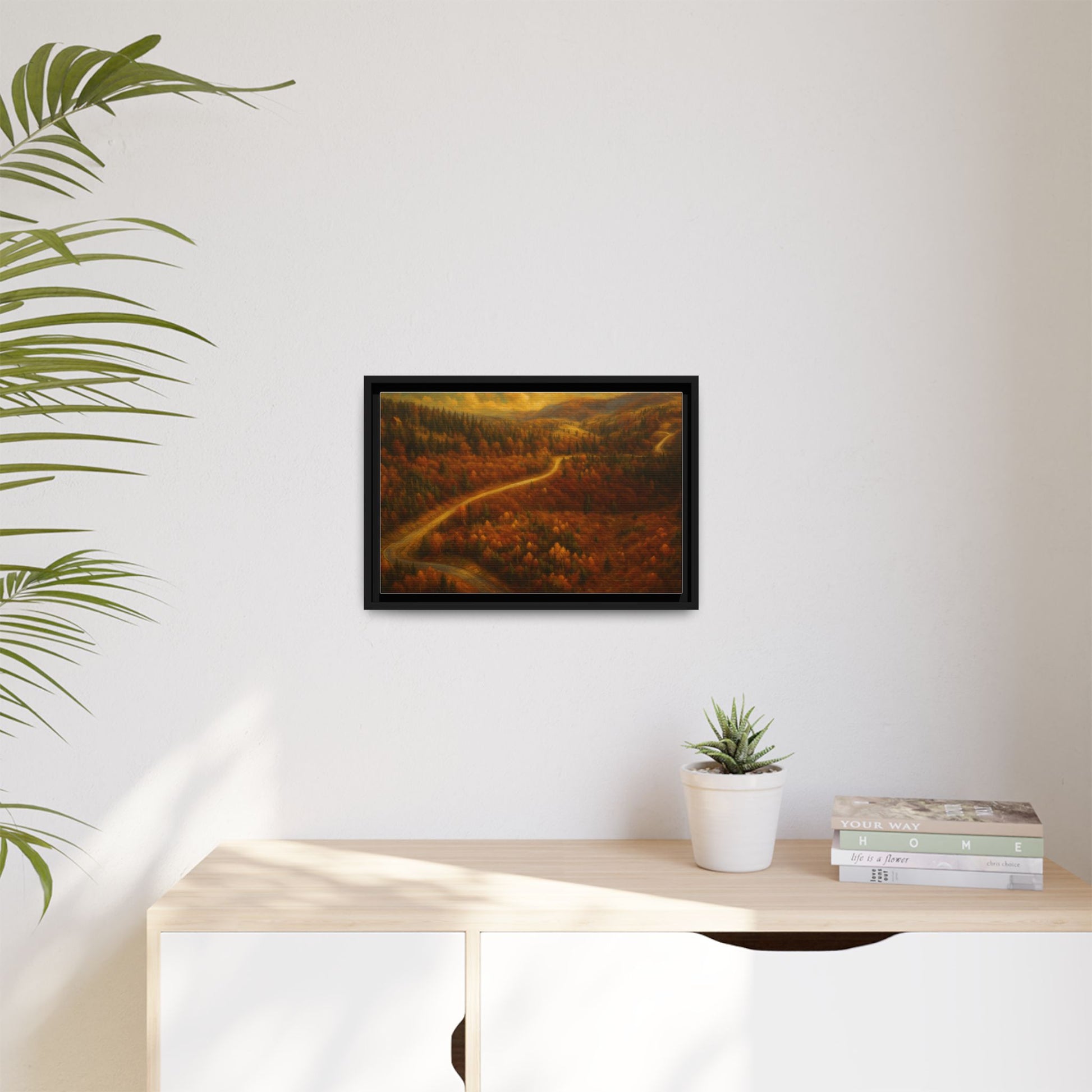 Framed matte canvas print of autumn forest road landscape wall art by Printify, featuring vibrant fall trees and a scenic pathway.