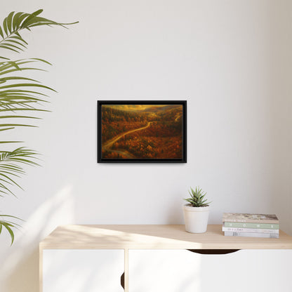 Framed matte canvas print of autumn forest road landscape wall art by Printify, featuring vibrant fall trees and a scenic pathway.