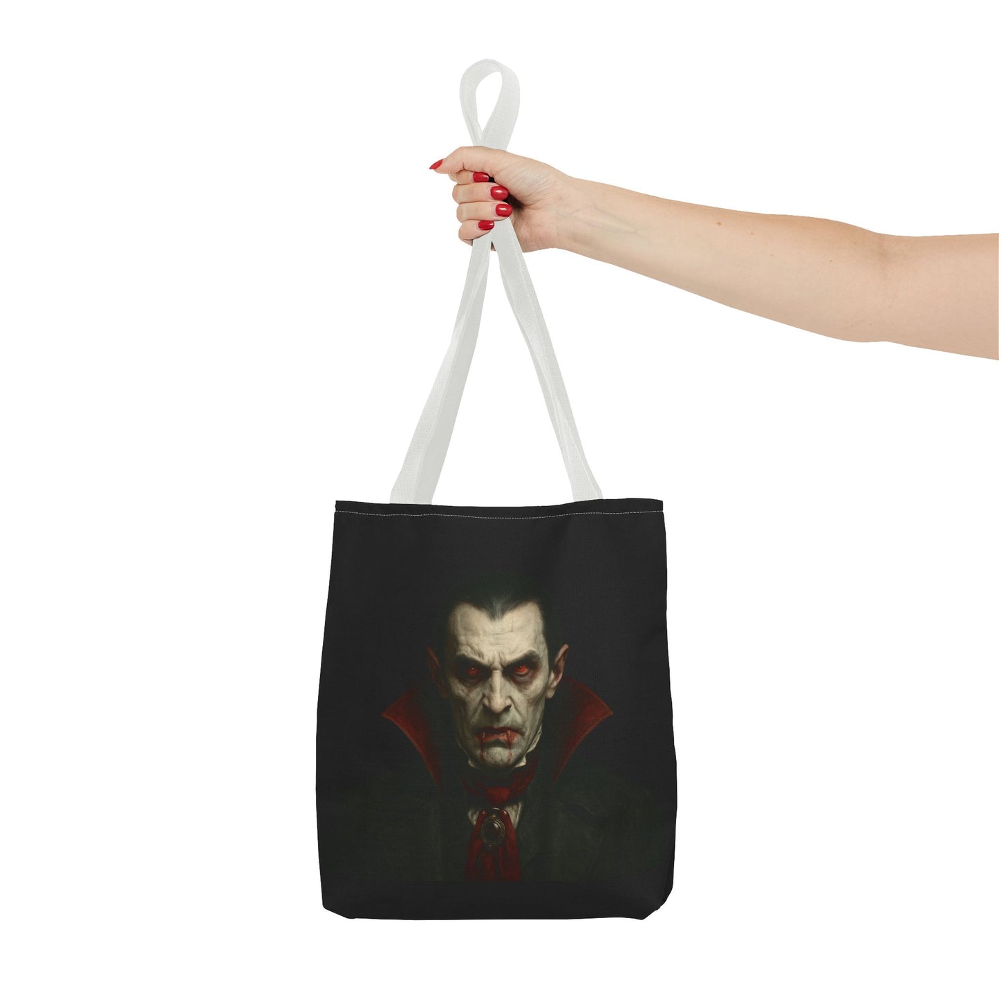 Black vampire tote bag with spooky gothic design, featuring bat and moon graphics, perfect for Halloween accessories.