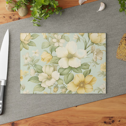 Floral Glass Cutting Board — Vintage Yellow Dogwood Design